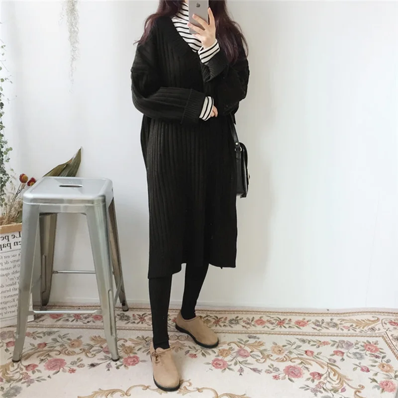 Winter new long sleeved women thicken solid color v collar open fork leisure loose knitted sweater for girls | Женская одежда