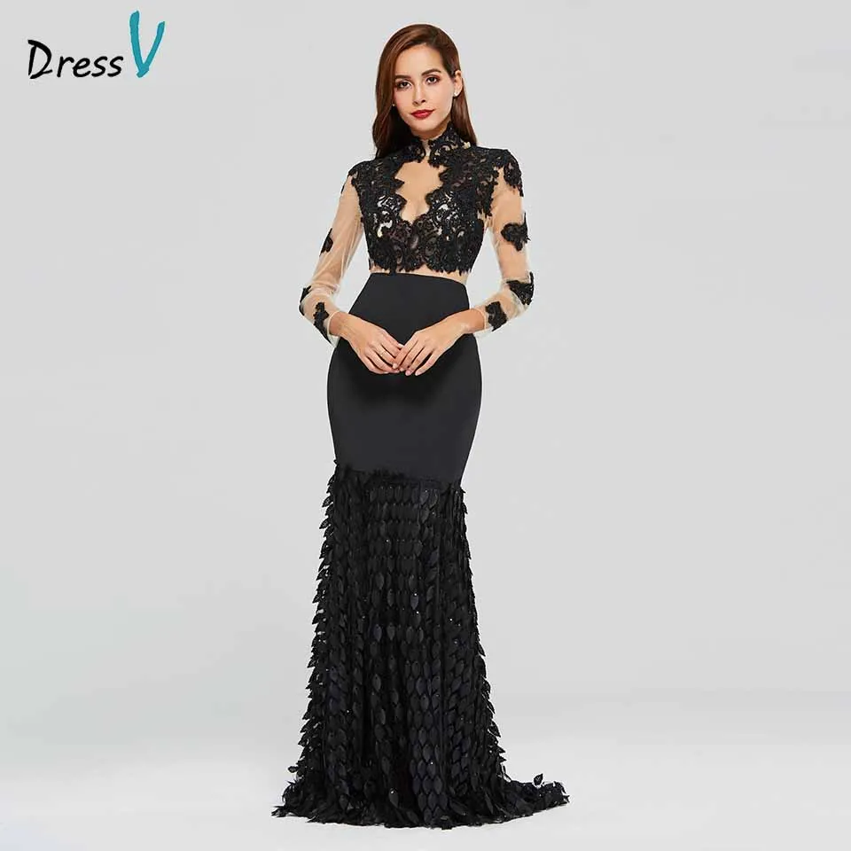 Dressv черное элегантное кружевное вечернее платье с высоким воротником и длинными