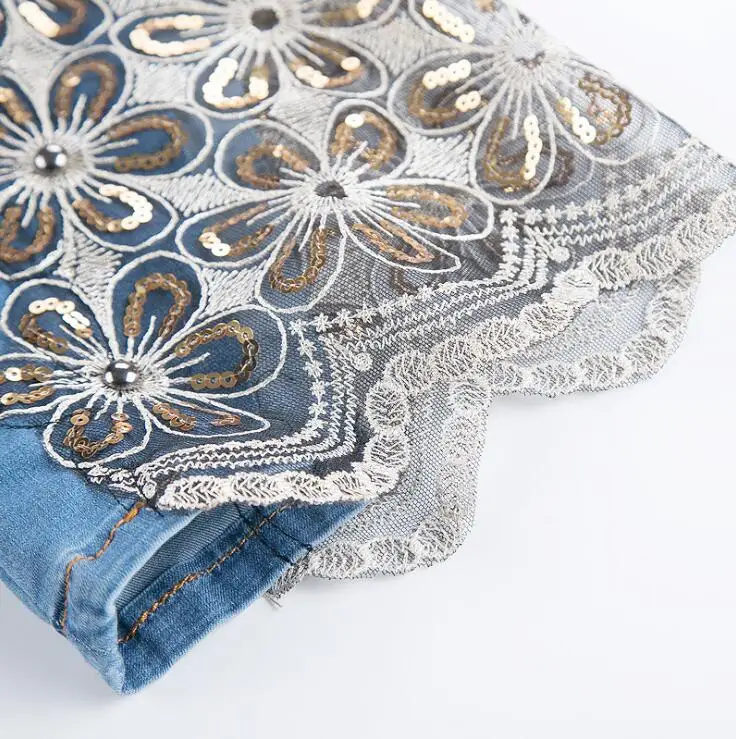 

Summer Thin Cotton Flowers Embroidery Lace Jeans for Women High Waist Stretch Slim Flare Denim Pants