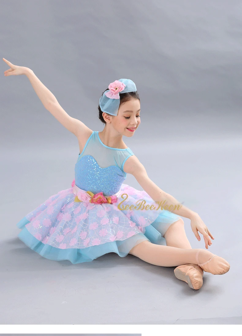 Girls Adult Ballet Tutu Dress Blue Costume Sequin Pink Flower Ballerina Performance Dance For Women | Тематическая одежда и