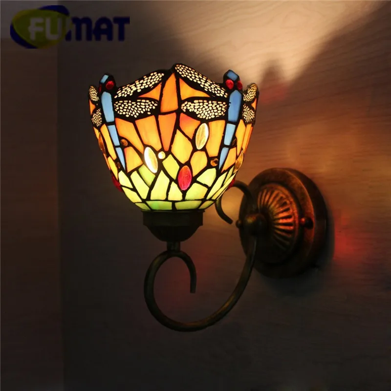 

FUMAT Tiffany Wall Lamp LED Sconces Stained Glass Luminaria Corridor Light Dragonfly Mirror Front Lamp E14 6" Passage Wall Light