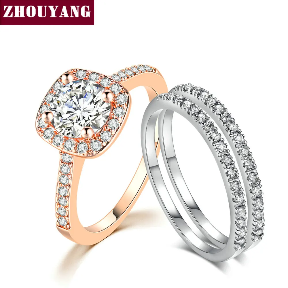 ZHOUYANG Engagem наборы свадебных колец для женщин Классический круглый вырез AAA + CZ