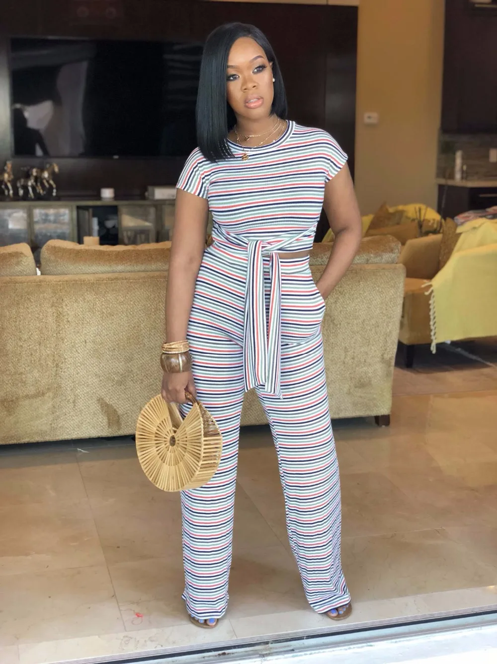 

Top New arrival women's sets causal striped high street top and trousers fashion sets European and American style hot selling