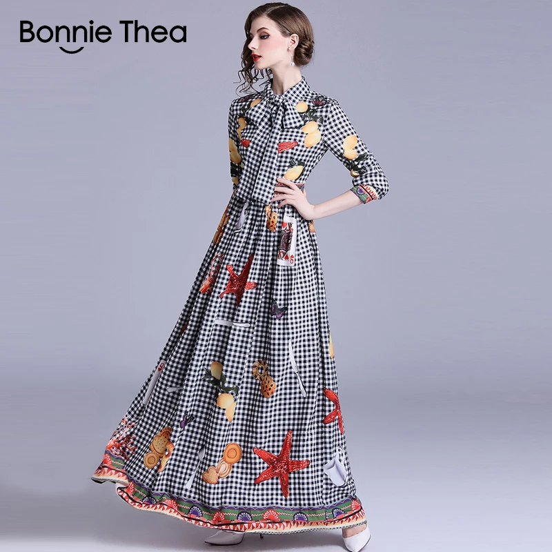 Bonnie Thea женское винтажное клетчатое платье с принтом Осеннее элегантное макси
