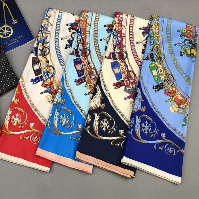 Twill Silk Square Scarf Spain Horse Print Neckerchief Original Design Euro Carriage Foulard Hijab Silk Shawls Wrap Female Scarf