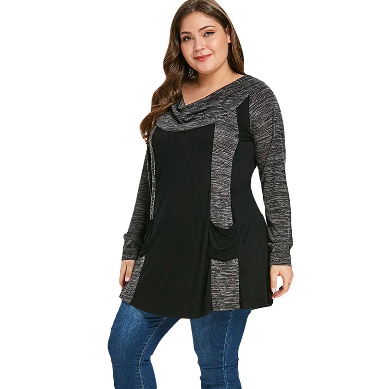 PlusMiss плюс размер 5XL свободные футболки с длинными рукавами и двойным карманом