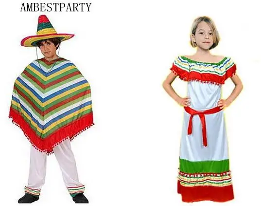 Hot 2020Halloween Costume Adults Kids Mexico Cloak Cape Straw hat Cosplay Dress performance clothes AMBESTPARTY |