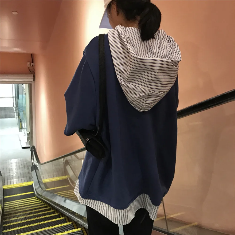 

Autumn Harajuku Sweatshirts Women Korean Loose Letter Embroidery Patchwork Striped Fake Two-piece Hooded Hoodies Streetwear Tops