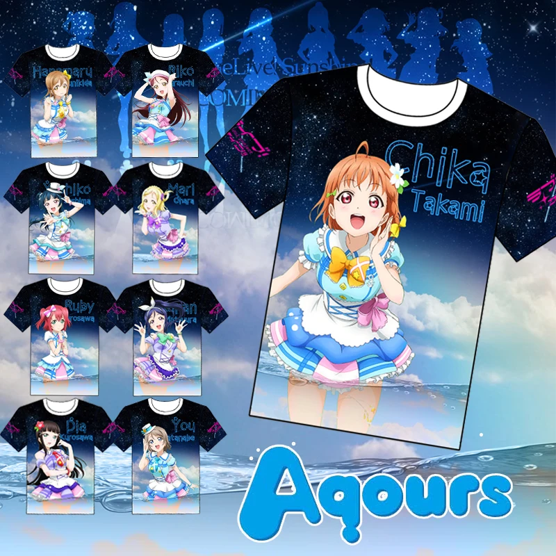 Love Live! Sunshine! Aqours T-shirts Anime Takami Chika Sakurauchi Riko kanan Matsuura Kurosawa Dia Cosplay Short Sleeve Tees | Мужская