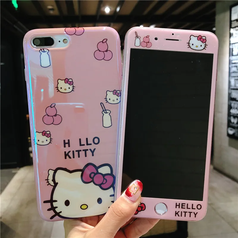 Cute hello Kitty case For iPhone 8 8Plus Tempered Glass Screen film &amp blue ray KT soft Cover for X 7 7plus 6 6S 6SPlus |