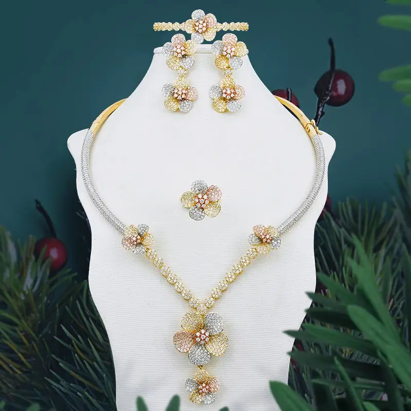 ModemAngel Роскошный цветок 3 тона медь полная AAA кубический цирконий ожерелье браслет