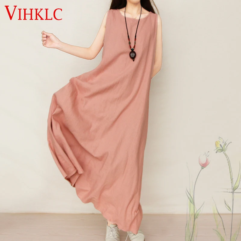 Fashion 2017 New Cotton Linen Vintage Dress Summer Women Casual Loose Long Maxi Dresses Pure Color Plus Size A216 | Женская одежда