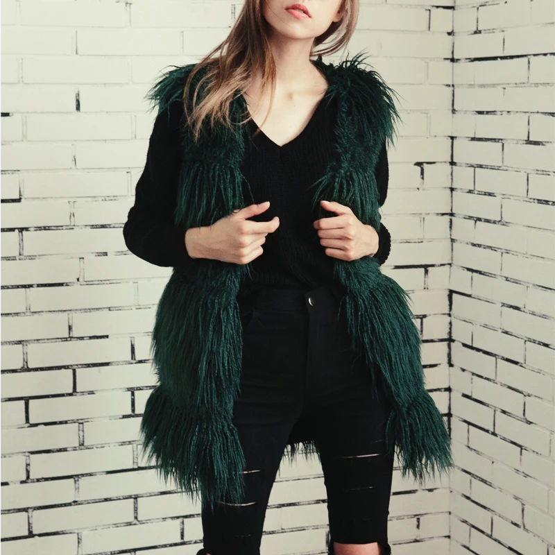 Зеленый высококачественный Женский жилет из искусственного меха женские зимние