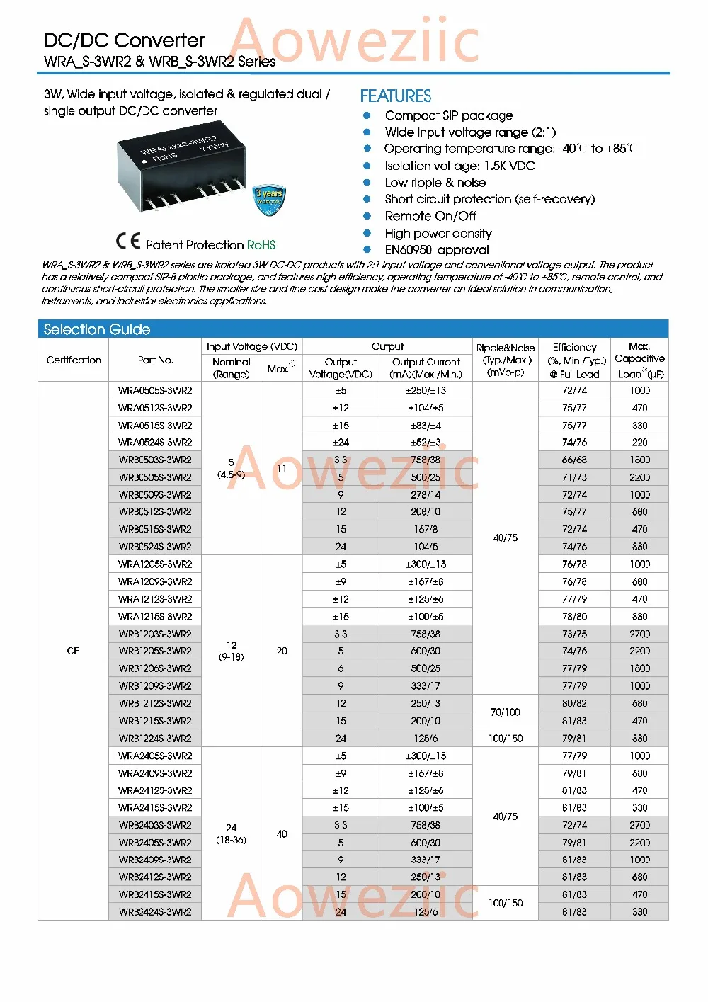 Aoweziic WRB4815S-3WR2 WRB4815S-3W WRB4815 новый оригинальный SIP7 вход: 36-75 в отрегулировать: 15 В 0.2A DC-DC