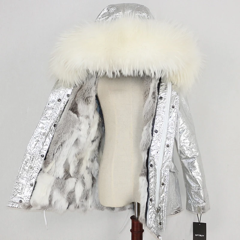 silver white Зимняя женская куртка, пальто с натуральным мехом, парка с воротником из натурального меха енота, Толстая теплая подкладка из кроличьего меха, уличная одежда, новинка, повседневная одежда - Цвет: silver white