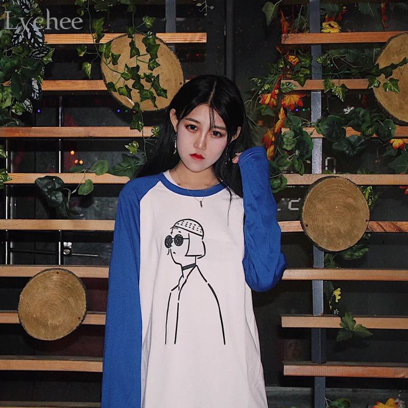 

Lychee Spring Autumn Women T Shirt Character Patchwork Casual Loose Long Sleeve T Shirt Tee Top Streetwear