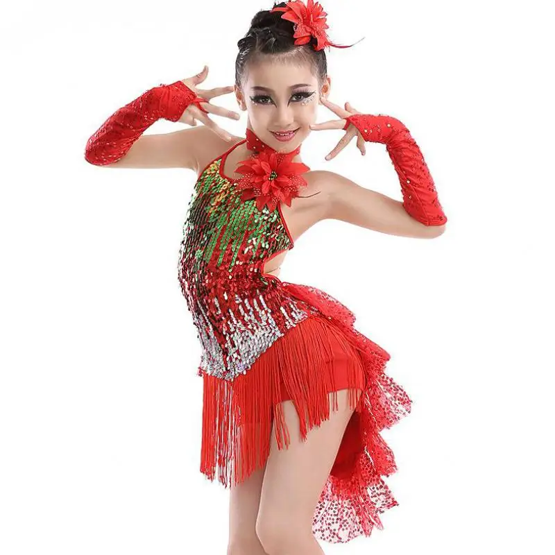 New Latin Dance Dress For Girls Costumes Sequins Tassels Children's Examination Competition Performance Clothing | Тематическая
