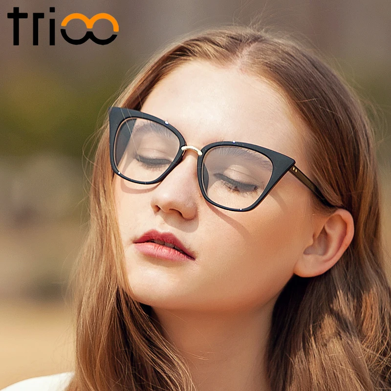 TRIOO новые черные очки кошачий глаз женские с прозрачными линзами модные