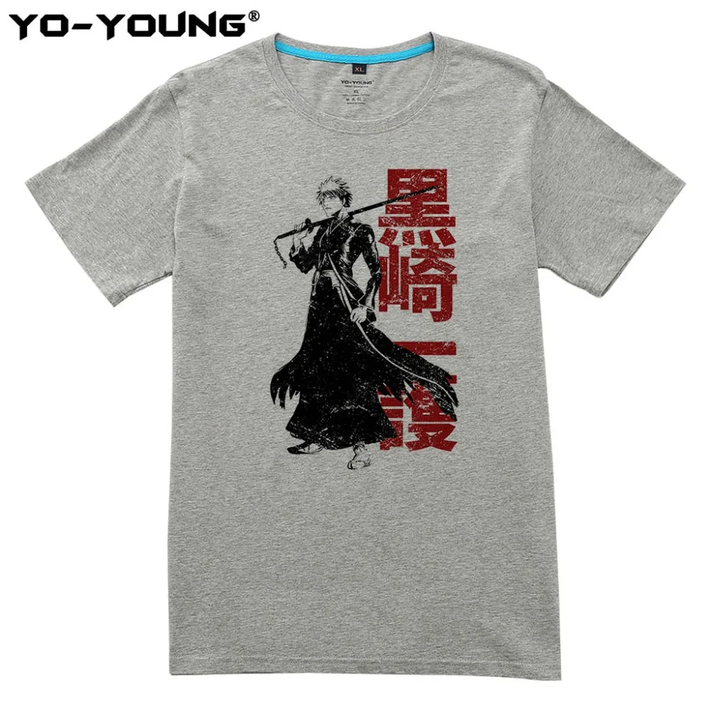 Yo-Young Men футболки Аниме BLEACH Kurosaki Ichigo принт 100% 180 gsm чесаный хлопок повседневные