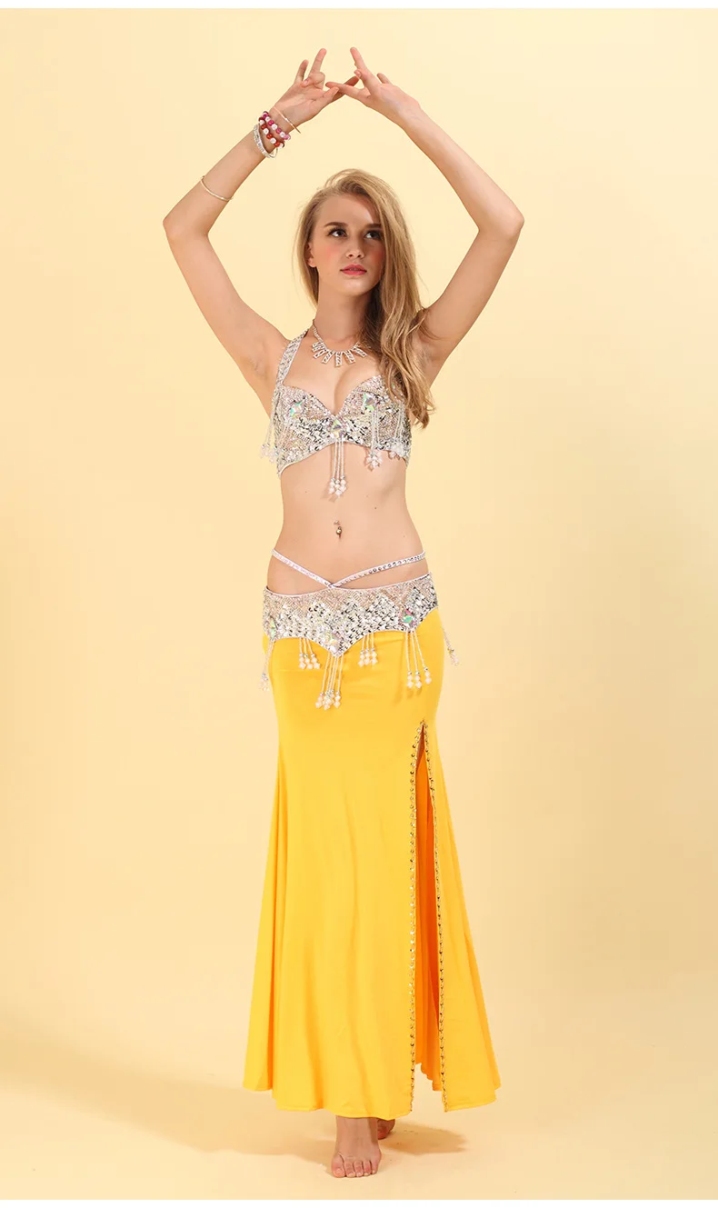 Professional Dance Wear Belly Dance Clothes 3 pcs Beaded Bra Belt Skirt Set Women Oriental Dance Costumes