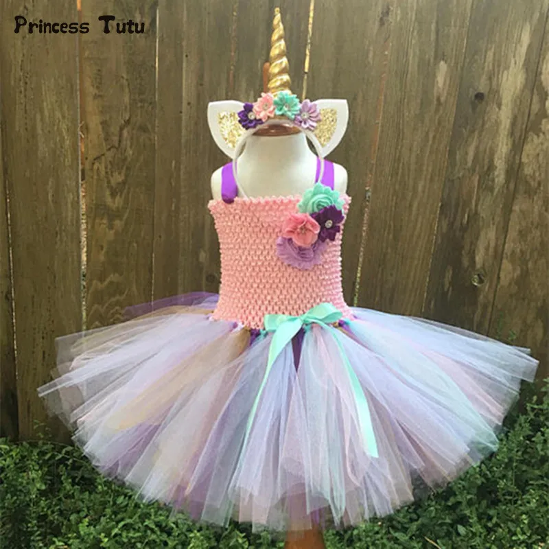 Girls Tutu Dress Fancy Rainbow Princess Unicorn with Headband Christmas Halloween Costume for Kids Girl Party 1-14Y | Детская одежда и