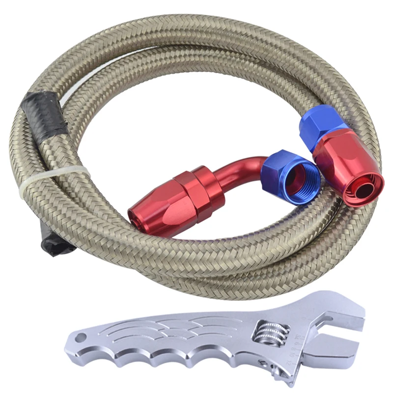 

AN12 Stainless Steel Braided Oil/Fuel Line Hose 1 Meter+Straight+90 Degree Fitting Oil Hose End Adapter Kit With Silver Spanner