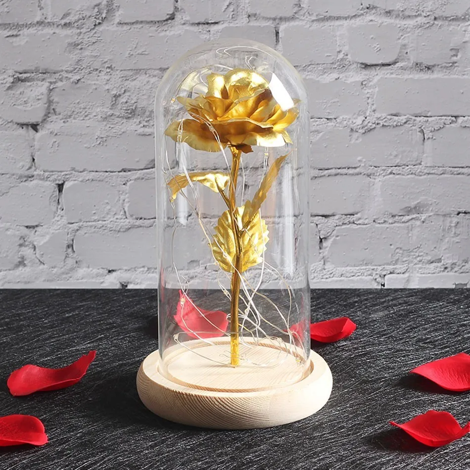 gold Романтика вечная жизнь цветок стеклянная крышка красота и чудовище РОЗА светодиодная лампа; аккумулятор на день рождения День Святого Валентина подарок матери домашний декор - Цвет: gold