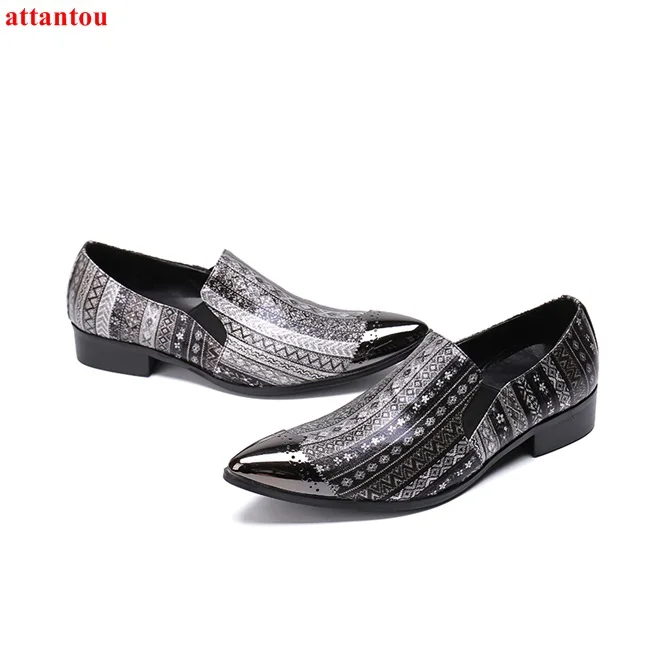 

Hot Sale Fashion Pointed Toe Men Shoes Gray Printing Luxury Male Casual Shoes Concise Style Office Feast Formal Dress Shoes