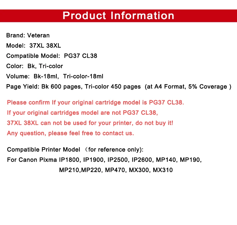 Ветеран заправленный PG37 совместимый для Canon PG 37 PG-37 чернильный картридж Pixma MP190 IP2600