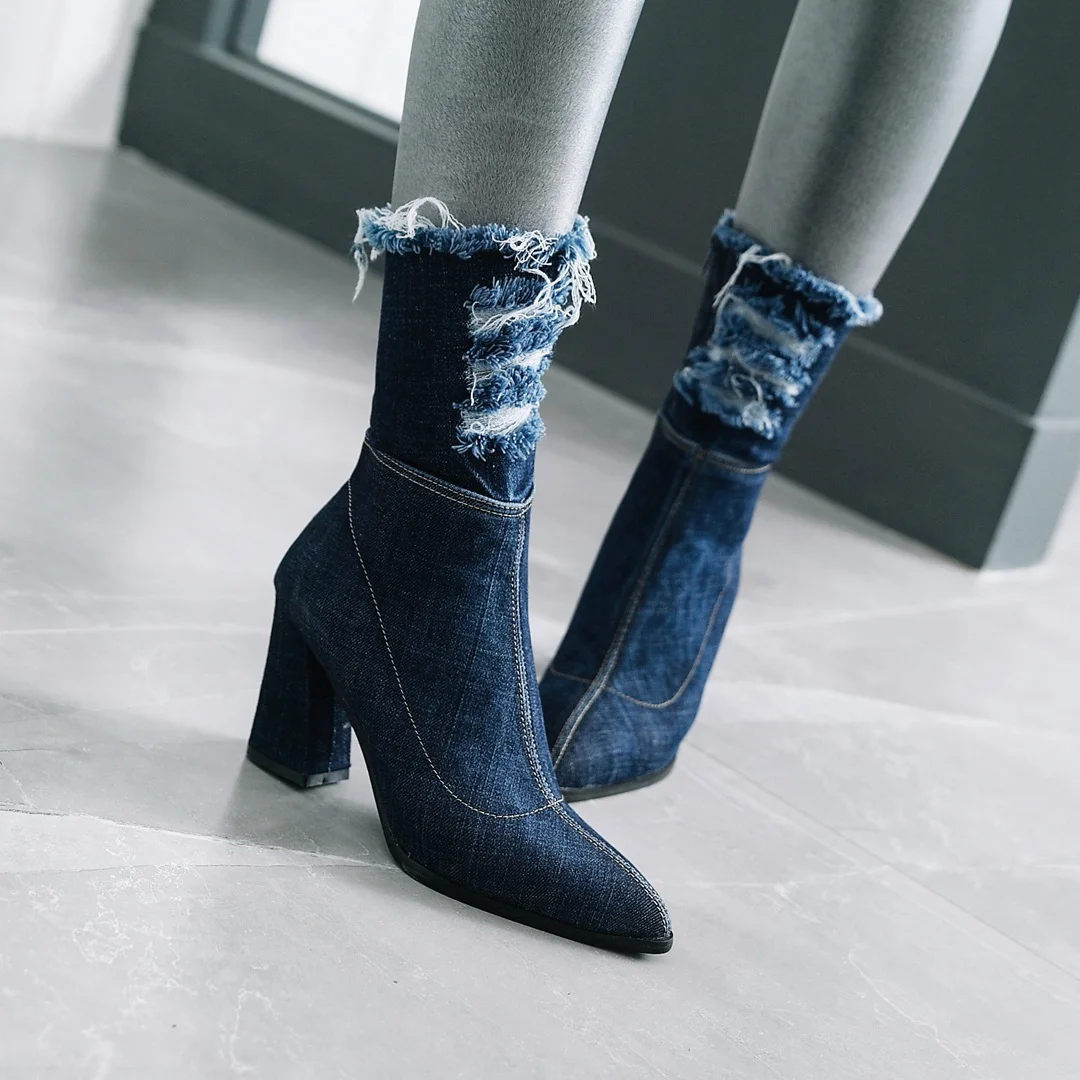 

ESRFIYFE NewHot Sale Blue Denim Boots New Autumn Winter Boots for Women Boots Square High Heels Pointed Sexy Woman Stiletto