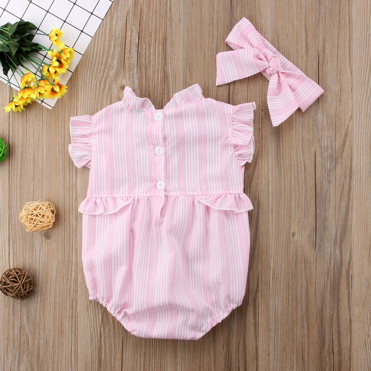 Baby Girl Sleeveless Striped Cotton Casual Jumpsuit Headbands Outfit Clothes Newborn Girls Clothing Bodysuit 0-24M | Мать и ребенок
