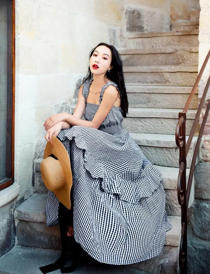 

Plaid Print Long Dress Stretch Collect Waist Maxi Dress Spaghetti Strap Women Summer Sundress Vestidos