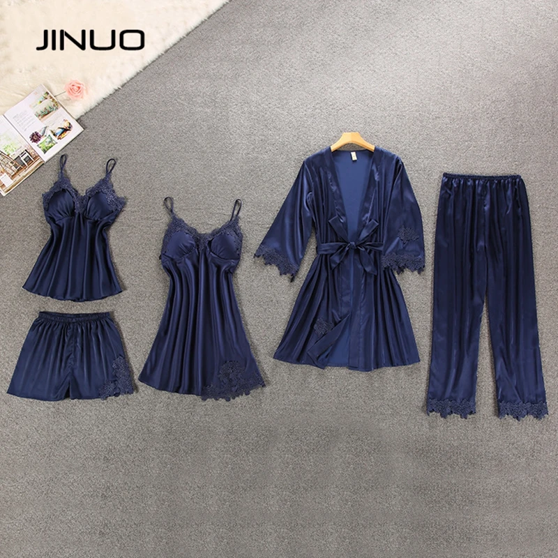 JINUO 5 шт./компл. женские пижамы шт. атласная пижама шелковая одежда с вышивкой для