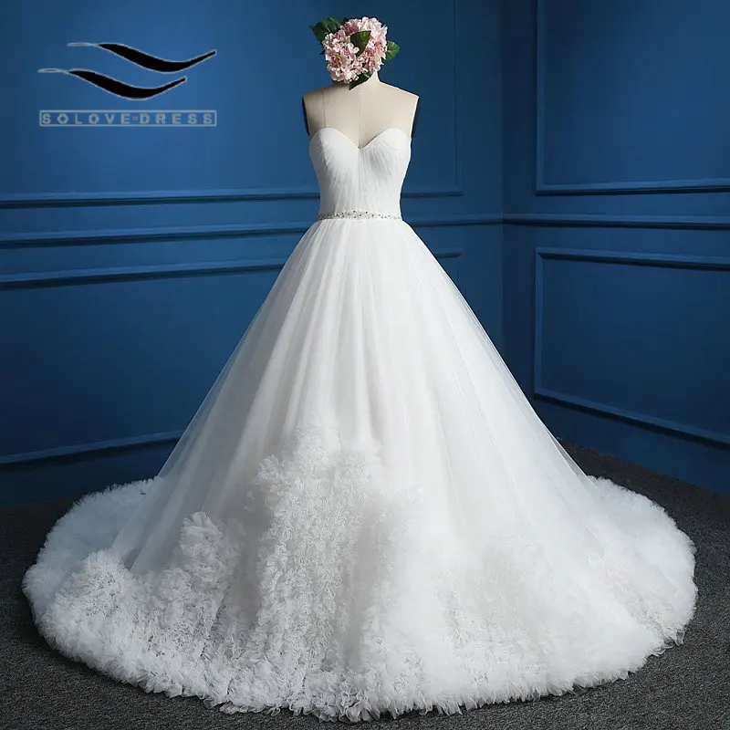 

Off Shoulder Sweetheart Sweep Train Floor Length Zipper Ball Gown Beading Plears Tieres Pleat Wedding Dress Real Photos