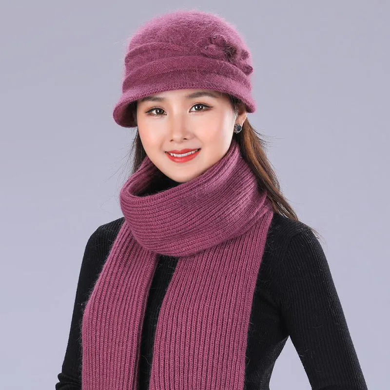 purple Hat and Scarf Новинка, теплый комплект с капюшоном, вязаная шапка, шарф с кроличьей шерстью, Женский вязаный головной убор, утолщенная шапка, подарок, женская мягкая шаль из крученой ткани - Цвет: purple Hat and Scarf