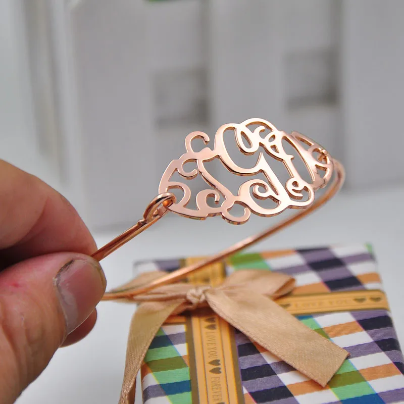 

Wholesale Custom 925 Solid Silver Monogram Bracelet Bangle Personalized 3 Initial Letter Bangle Custom Nameplate Women Jewelry