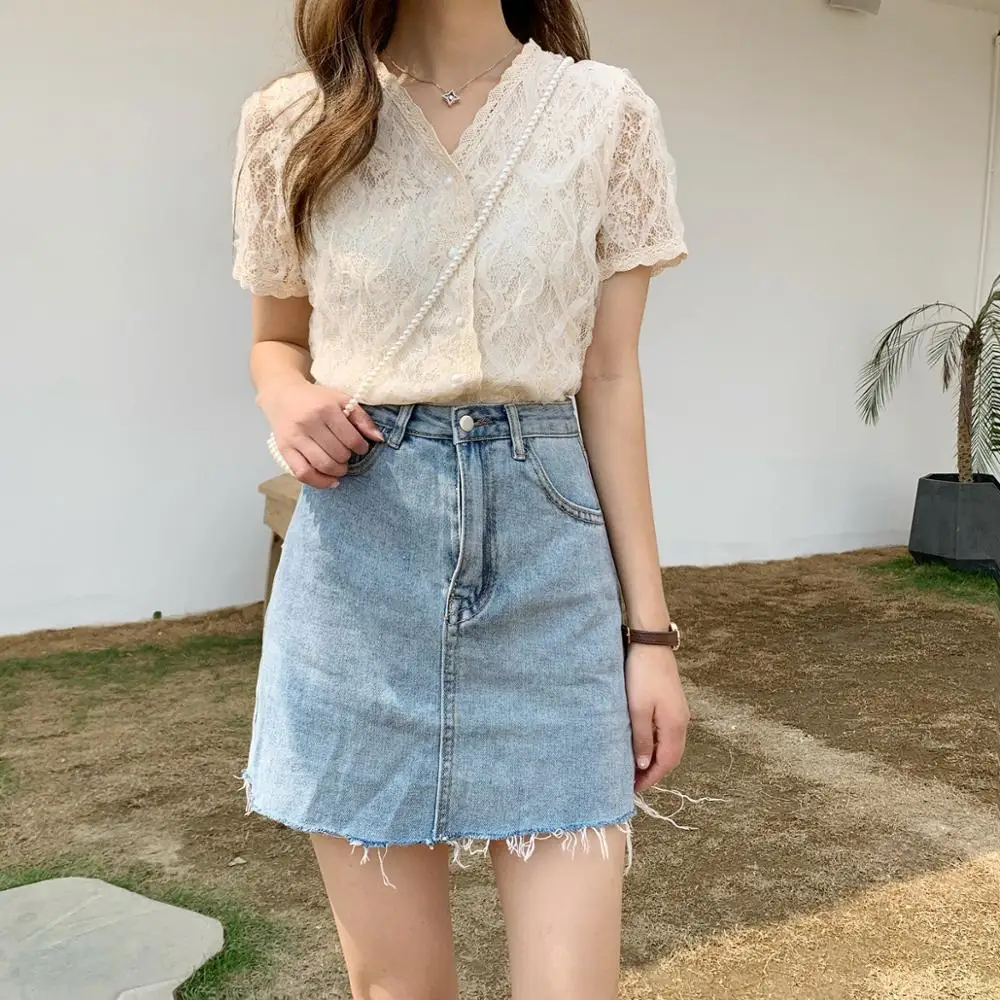 Женская кружевная блузка с коротким рукавом и V-образным вырезом | одежда