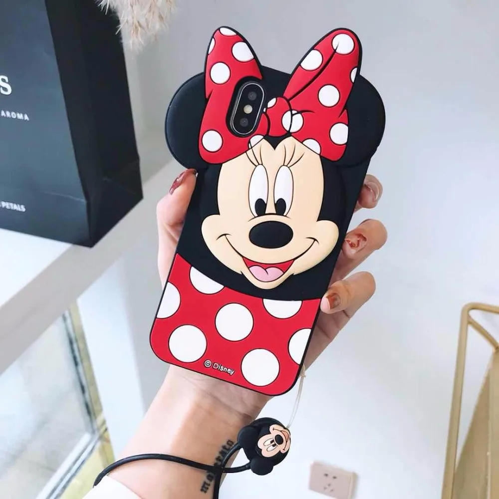 HAIANGUO Cute 3D Cartoon Minnie Mickey Mouse Soft Silicone Case For iPhone 6 6s 6S Plus 7 8 5s X Back Cover with Lanyard |