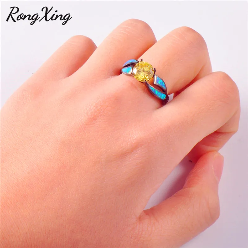 RongXing Новое Стильное кольцо с голубым огненным опалом круглые черные золотые
