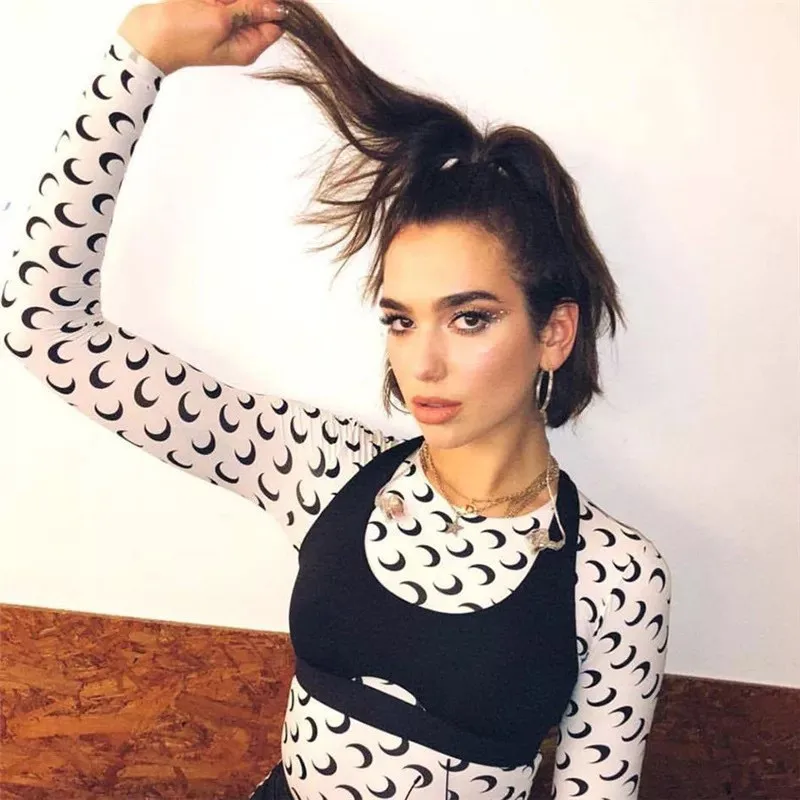 Женские Стрейчевые футболки с круглым вырезом и принтом Луны длинные рукава