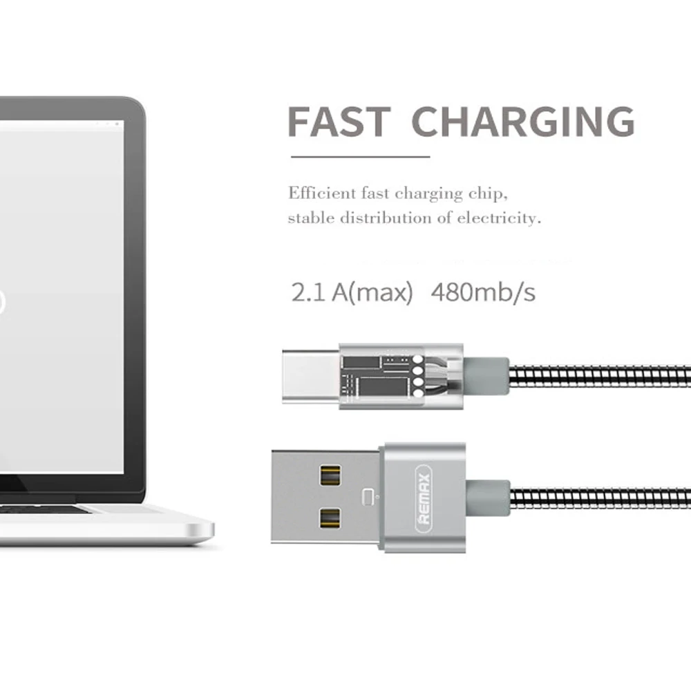 Металлический пружинный USB кабель Remax типа C для синхронизации данных 2 1 А Кабели