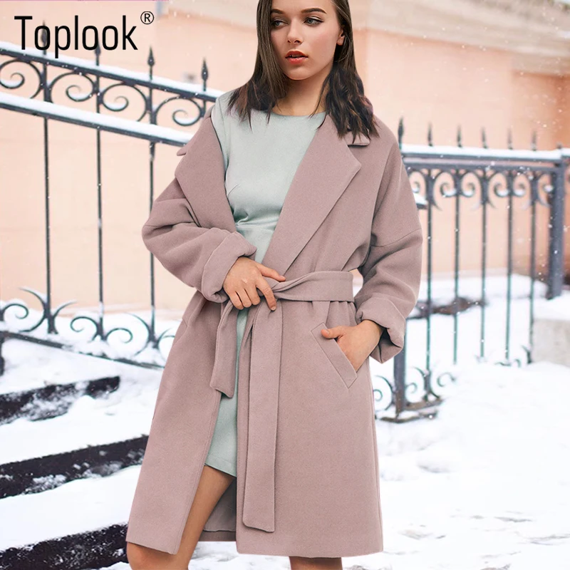 Toplook Винтаж Розовый шерстяной пояс зимнее пальто 2017 женская обувь Твердые