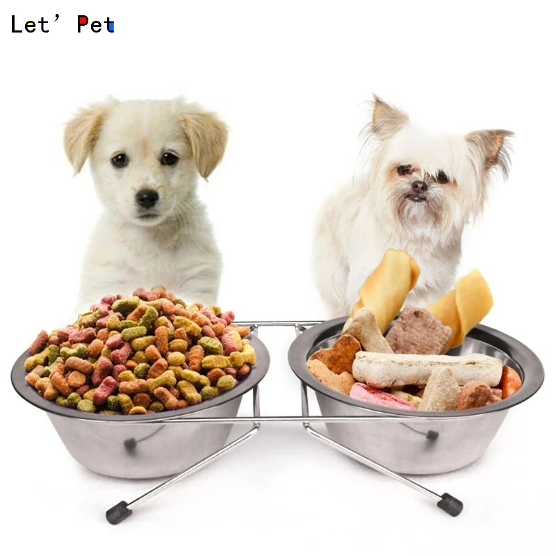 

Stainless Steel Double Pet Bowls Dog Cat Water Food Non Slip Feeding Station