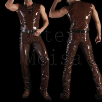 mens brown tight latex clothing set including vest top and trousers with lacing decorations