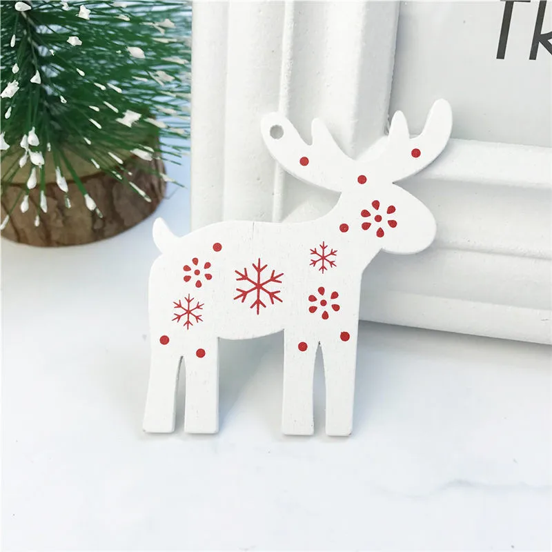 Deer White Новинка 10 шт белые красные рождественские елочные орнаменты деревянные подвесные подвески АНГЕЛ/олень/Рождественская елка/звезда рождественские украшения для дома - Цвет: Deer White