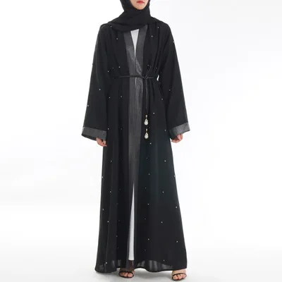 Дубай Абая для женщин Нида с жемчугом спереди кимоно летний кардиган кафтан