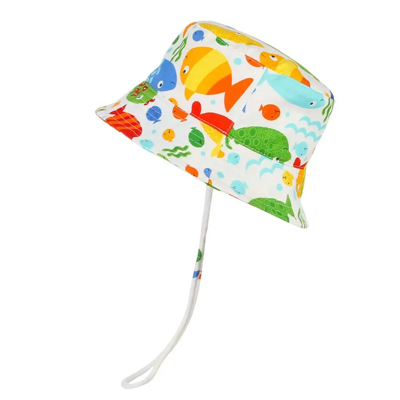 GEMVIE Cartoon Fish Print Bucket Hat Summer Hats For Kids Cotton Cloth Fisher Cap Toddler Boys Girls Beach With Wind Lanyard | Аксессуары
