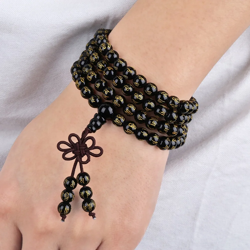 

SUNYIK Black Onyx 108 Six Words Mantra Beads Bracelet Tibetan Buddhist Mala Necklace