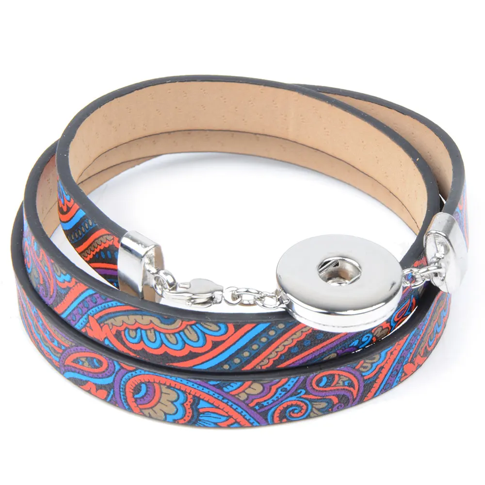 2 Chanfar Colorful Pattern Snap Button Leather Bracelet Wrap Lobster Clasp Bracelet For DIY 18MM Buttons Jewelry - Окраска металла: 2