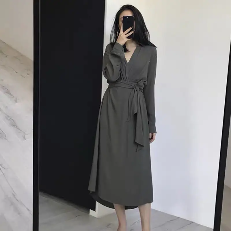 Elegant Vintage Dress Women Long Sleeve Dresses 2019 Spring With Sashes V Neck Casual Fashion S M L XL | Женская одежда